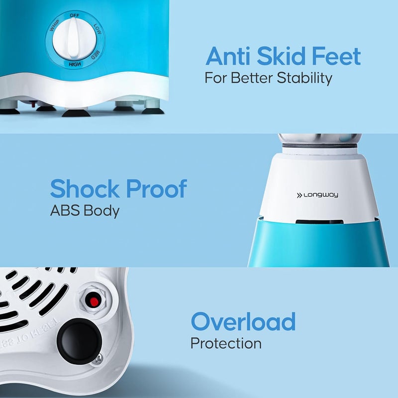 Longway Super Dlx 750 Watt Juicer Mixer Grinder with 4 Jars for Grinding, Mixing, Juicing with Powerful Motor | 1 Year Warranty | (White & Blue, 4 Jars) - Image 5