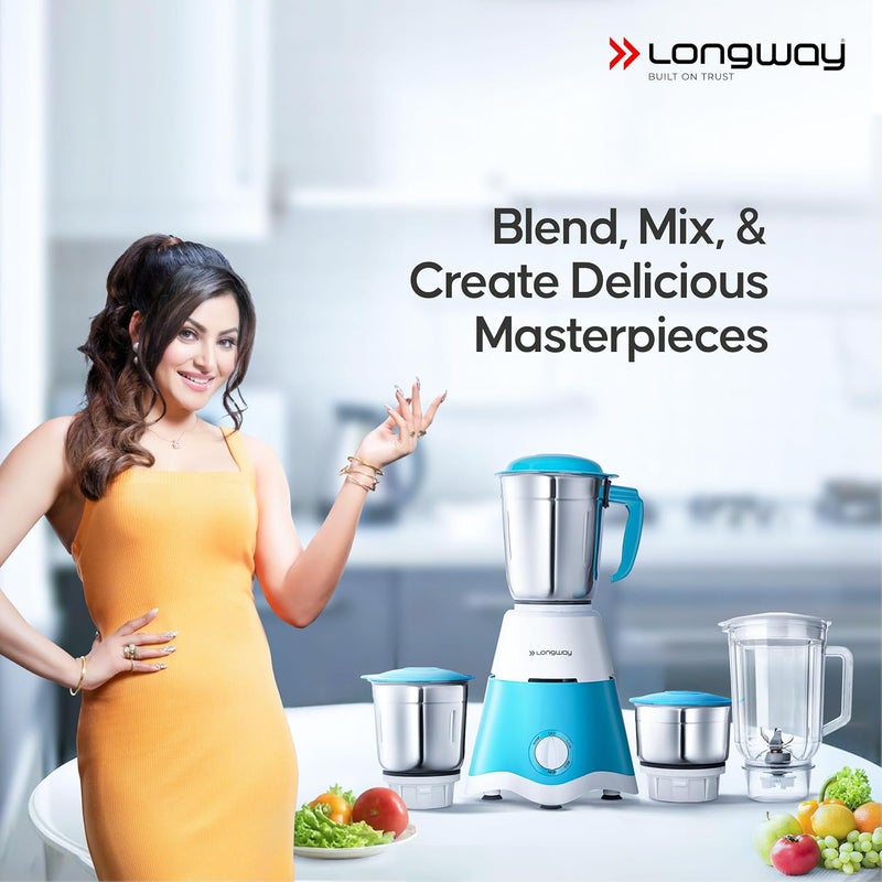 Longway Super Dlx 750 Watt Juicer Mixer Grinder with 4 Jars for Grinding, Mixing, Juicing with Powerful Motor | 1 Year Warranty | (White & Blue, 4 Jars) - Image 2