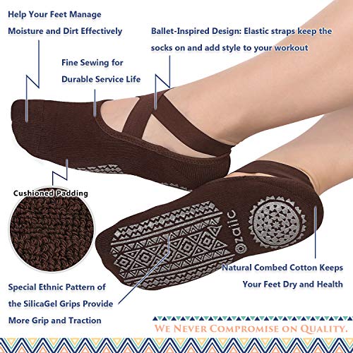 Ozaiic Yoga Socks for Women Non-Slip Grips & Straps, Ideal for Pilates, Pure Barre, Ballet, Dance, Barefoot Workout (4 Pairs-Coffee/Green/Black/Gray, one_size) - Image 2