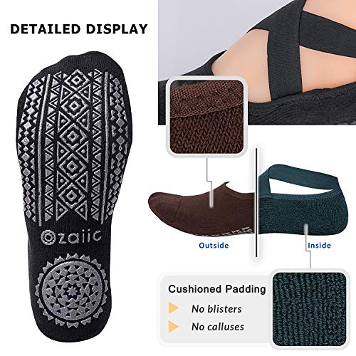 Ozaiic Yoga Socks for Women Non-Slip Grips & Straps, Ideal for Pilates, Pure Barre, Ballet, Dance, Barefoot Workout (4 Pairs-Coffee/Green/Black/Gray, one_size) - Image 5