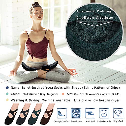 Ozaiic Yoga Socks for Women Non-Slip Grips & Straps, Ideal for Pilates, Pure Barre, Ballet, Dance, Barefoot Workout (4 Pairs-Coffee/Green/Black/Gray, one_size) - Image 3