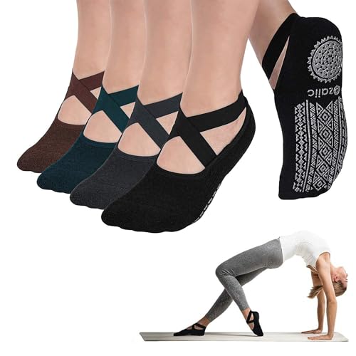 Ozaiic Yoga Socks for Women Non-Slip Grips & Straps, Ideal for Pilates, Pure Barre, Ballet, Dance, Barefoot Workout (4 Pairs-Coffee/Green/Black/Gray, one_size) - Image 1