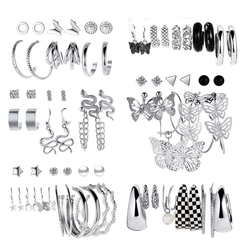 JMScape 37 Pairs Silver Hoop Earrings Set for Women Multipack Fashion Drop Dangle Earring Packs Pearl Studs Butterfly Earrings Hypoallergenic Chunky Hoops Jewelry for Valentine's Day Gifts - Image 1