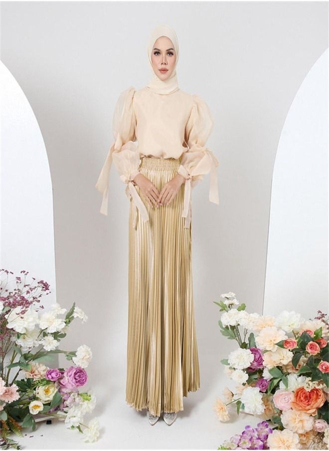 Loquat - Solid Color Pleated Full-Length Skirt Beige - Image 1