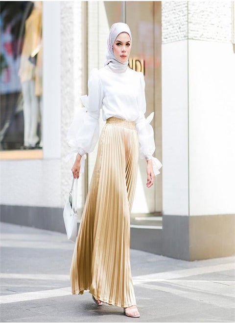 Solid Color Pleated Full-Length Skirt Beige