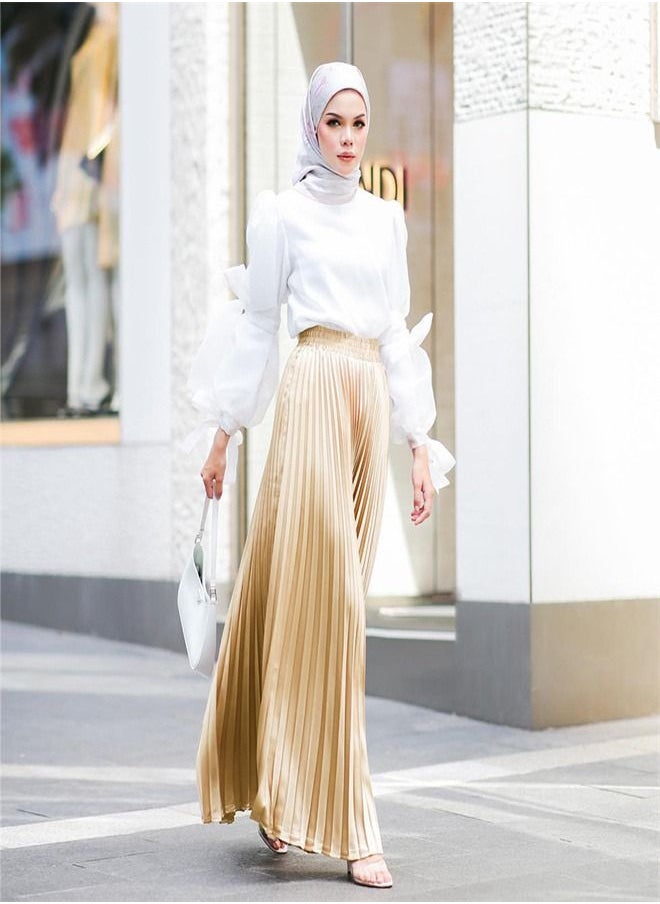 Loquat - Solid Color Pleated Full-Length Skirt Beige - Image 1