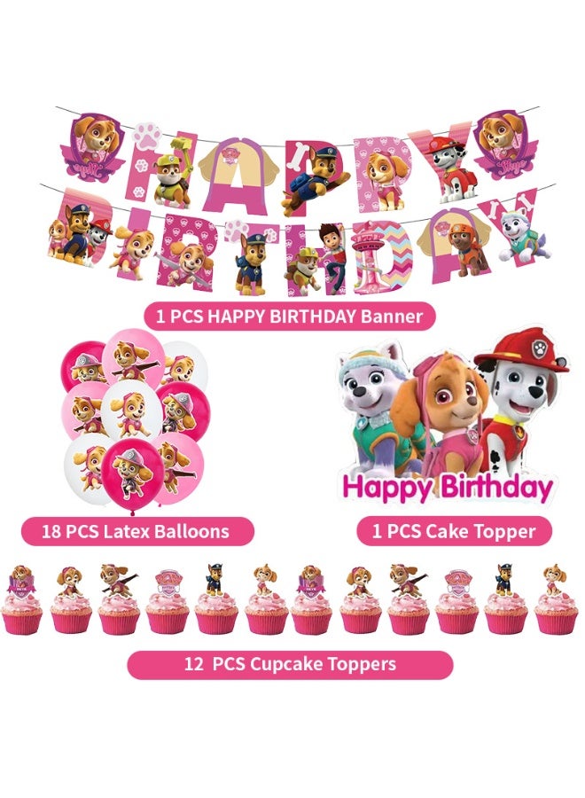 حزمة حفلة عيد ميلاد للأطفال على طراز Paw Patrol مجموعة بالونات Skye Pink Dog مع لافتة عيد ميلاد بالونات لاتكس، زينة كيك، عيدان كب كيك مجموعة أدوات تزيين داخلية/خارجية يمكن التخلص منها - Image 2