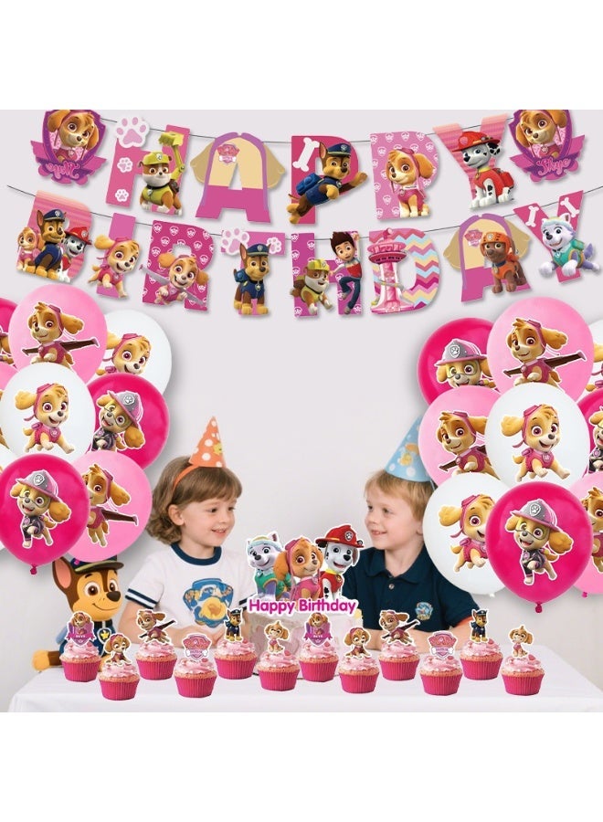 حزمة حفلة عيد ميلاد للأطفال على طراز Paw Patrol مجموعة بالونات Skye Pink Dog مع لافتة عيد ميلاد بالونات لاتكس، زينة كيك، عيدان كب كيك مجموعة أدوات تزيين داخلية/خارجية يمكن التخلص منها - Image 3
