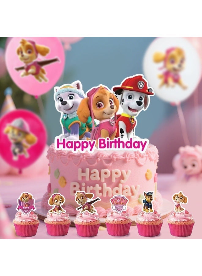 حزمة حفلة عيد ميلاد للأطفال على طراز Paw Patrol مجموعة بالونات Skye Pink Dog مع لافتة عيد ميلاد بالونات لاتكس، زينة كيك، عيدان كب كيك مجموعة أدوات تزيين داخلية/خارجية يمكن التخلص منها - Image 4