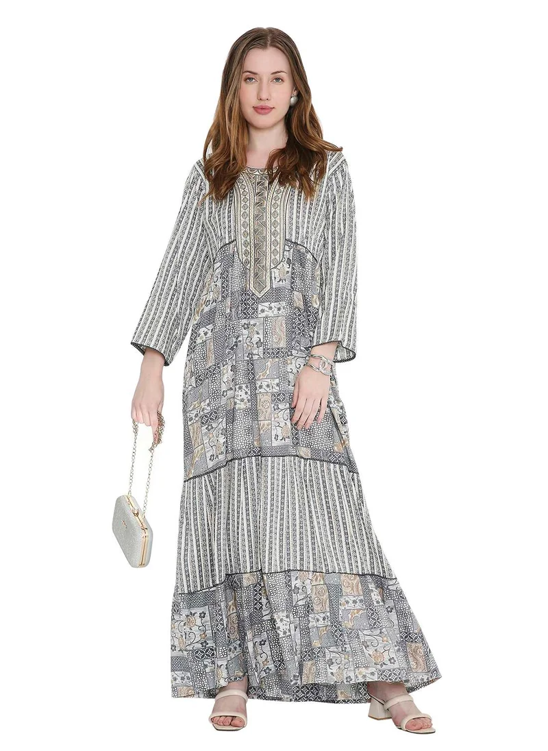 هانا آند سارا long viscose printed farasha with unique thread embroidered arabic kaftan jalabiya dress