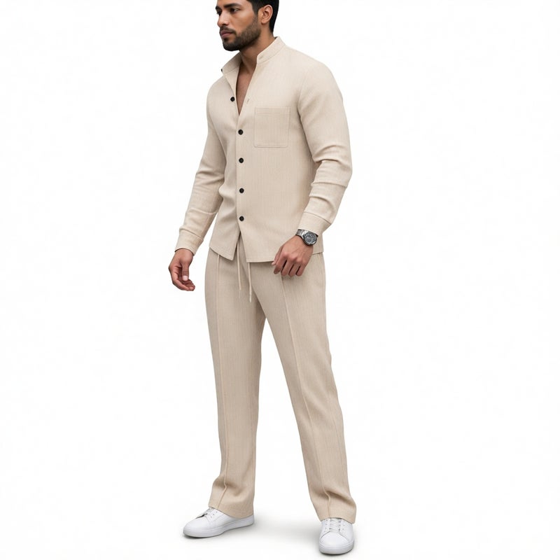 Men's Waffle Knit Stand Collar Cardigan Shirt Long Sleeve Pants Set - Image 1