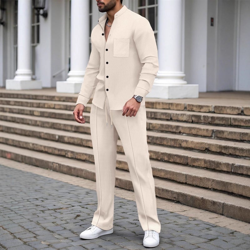 Men's Waffle Knit Stand Collar Cardigan Shirt Long Sleeve Pants Set - Image 3