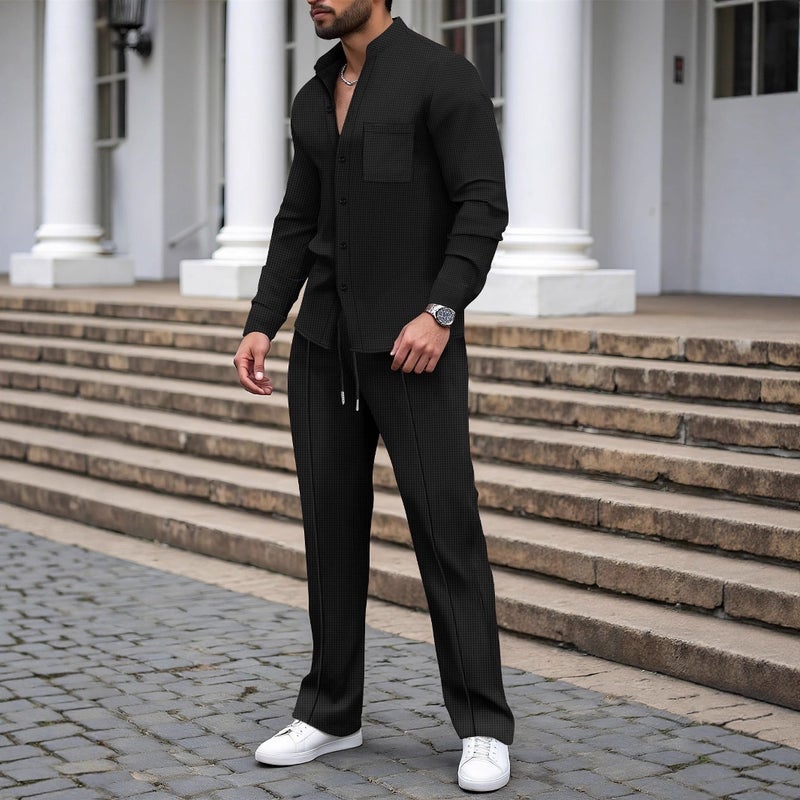 Men's Waffle Knit Stand Collar Cardigan Shirt Long Sleeve Pants Set - Image 2