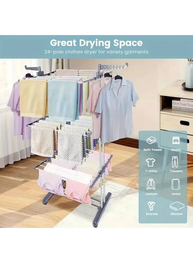 حامل ملابس كبير قابل للطي مع 24 مشبكًا، إطار معدني رمادي، تصميم موفر للمساحة - Image 5