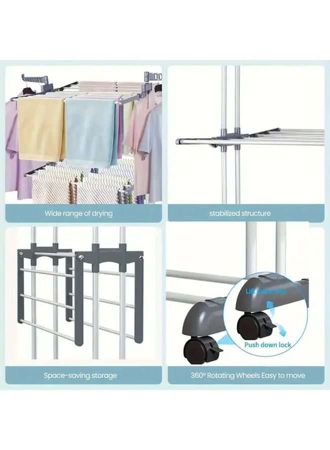 حامل ملابس كبير قابل للطي مع 24 مشبكًا، إطار معدني رمادي، تصميم موفر للمساحة - Image 3