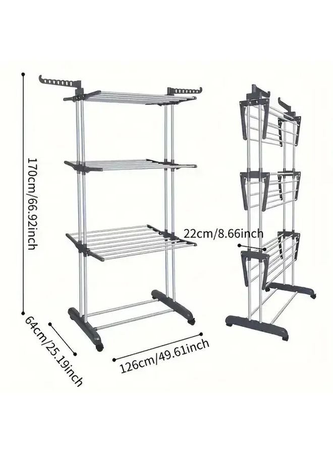 حامل ملابس كبير قابل للطي مع 24 مشبكًا، إطار معدني رمادي، تصميم موفر للمساحة - Image 2
