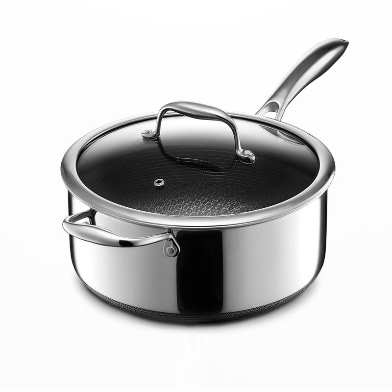 HexClad Hybrid Nonstick 5-Quart Saucepan with Tempered Glass Lid, Stay-Cool Handle, Dishwasher Safe, Induction Ready, Compatible with All Cooktops - Image 1