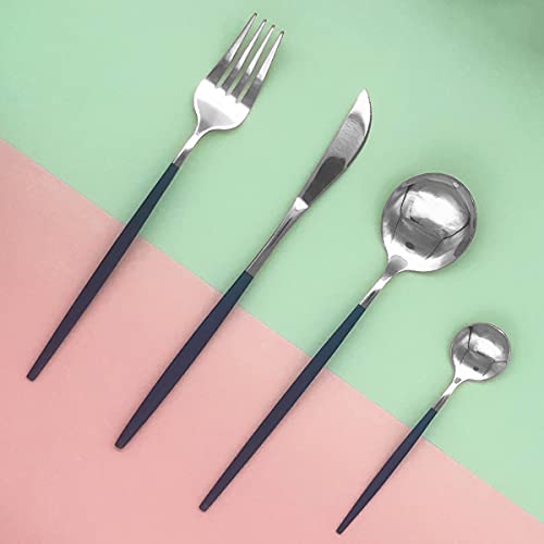 Uniturcky Silver Silverware Set, 24-Piece Stainless Steel Flatware Set Service For 6, Mirror Polished Blue Handle Tableware Cutlery Set Knife Fork And Spoon For Home & Restaurant, Dishwasher Safe - Image 5