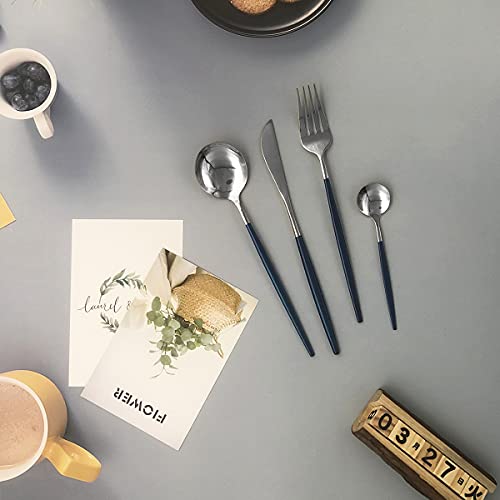 Uniturcky Silver Silverware Set, 24-Piece Stainless Steel Flatware Set Service For 6, Mirror Polished Blue Handle Tableware Cutlery Set Knife Fork And Spoon For Home & Restaurant, Dishwasher Safe - Image 3