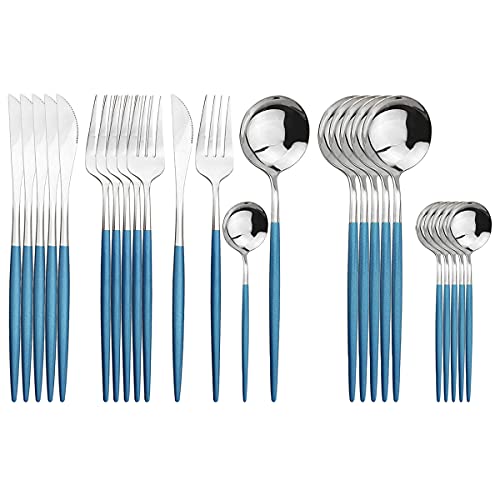Uniturcky Silver Silverware Set, 24-Piece Stainless Steel Flatware Set Service For 6, Mirror Polished Blue Handle Tableware Cutlery Set Knife Fork And Spoon For Home & Restaurant, Dishwasher Safe - Image 1