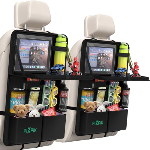Plzpik Car Backseat Organizer with Tablet Holder11 Storage Pockets with Foldable Food Tray Protector Kick Mats for Kids Travel Accessories Organizer Black 1Pack with Food Tray