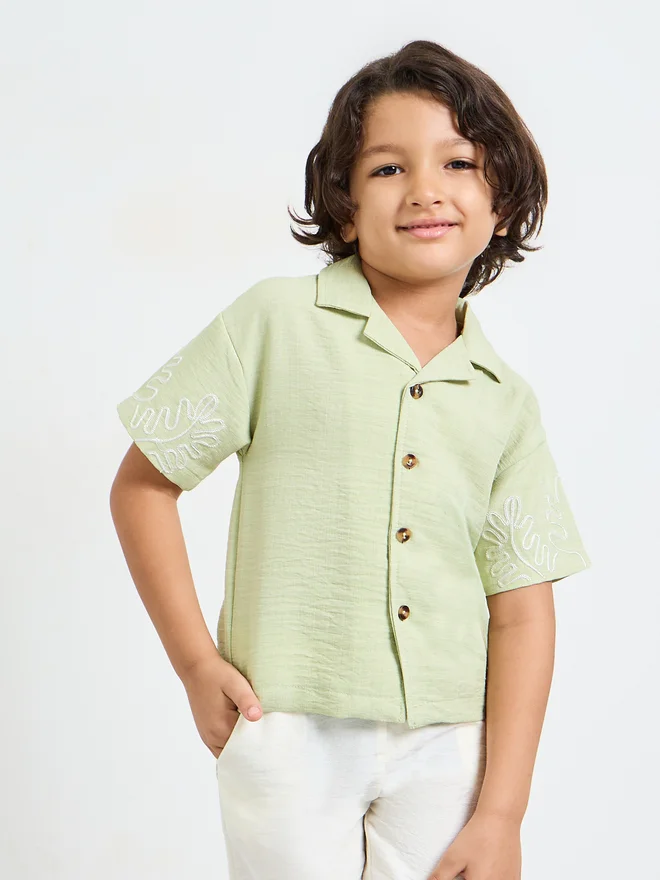 Styli Styli Boys Resort Collar Shirt with Emrboidery