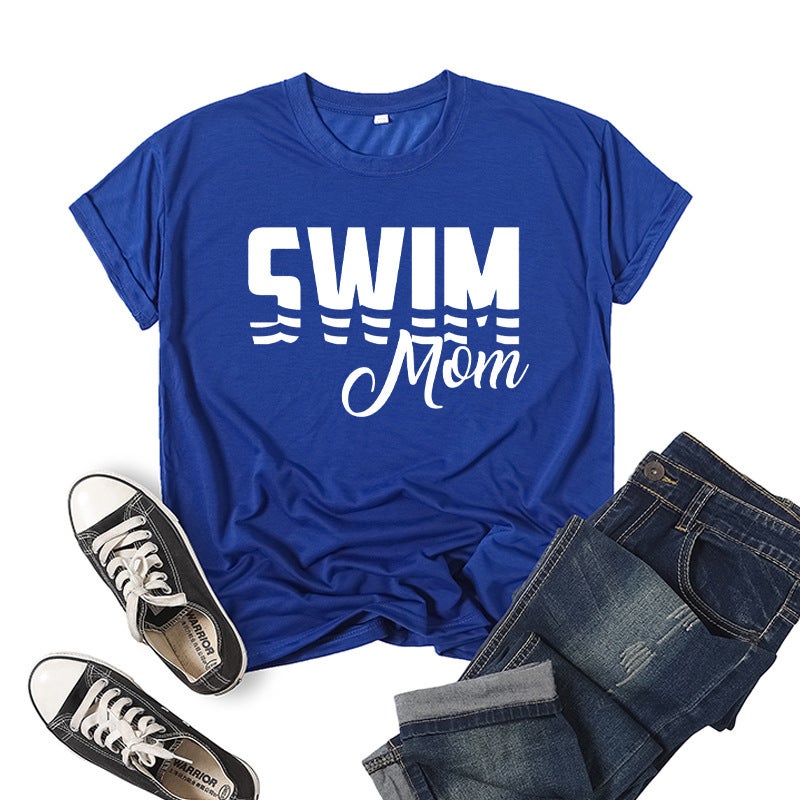Foreign Trade Cross-border Swimming Mom Swim Mom Printed Short-sleeved Round Neck T-shirt European and American Mens and Womens Top Loose Casual sapphire blue 