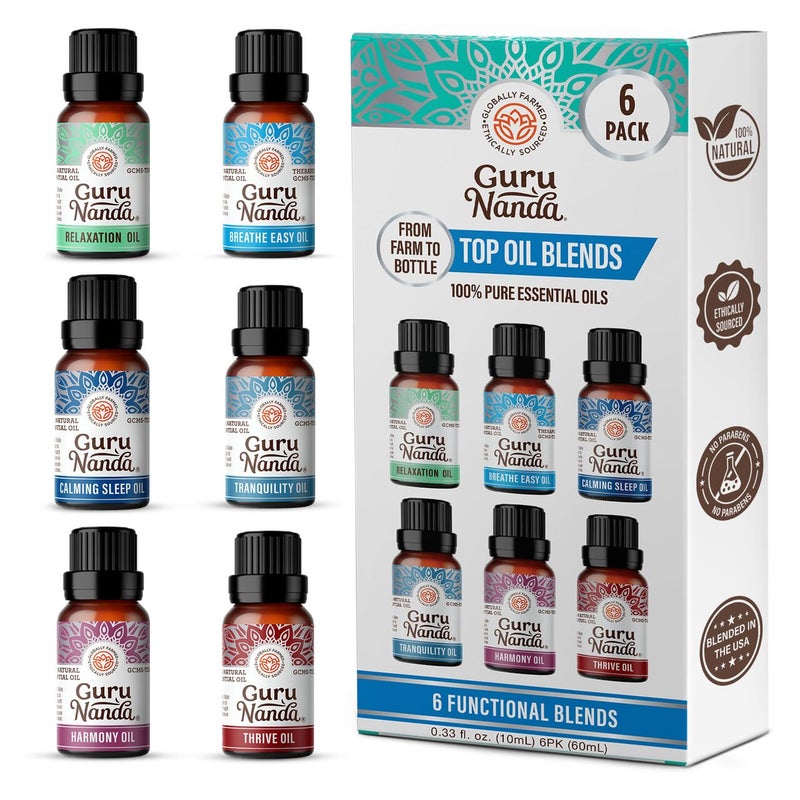 GuruNanda Essential Oil Blends (Set of 6) - Natural Essential Oil Set, Aromatherapy Oil Blends for Diffusers - Breathe Easy, Tranquility, Harmony, Calming Sleep, Relaxation & Thrive - Image 1