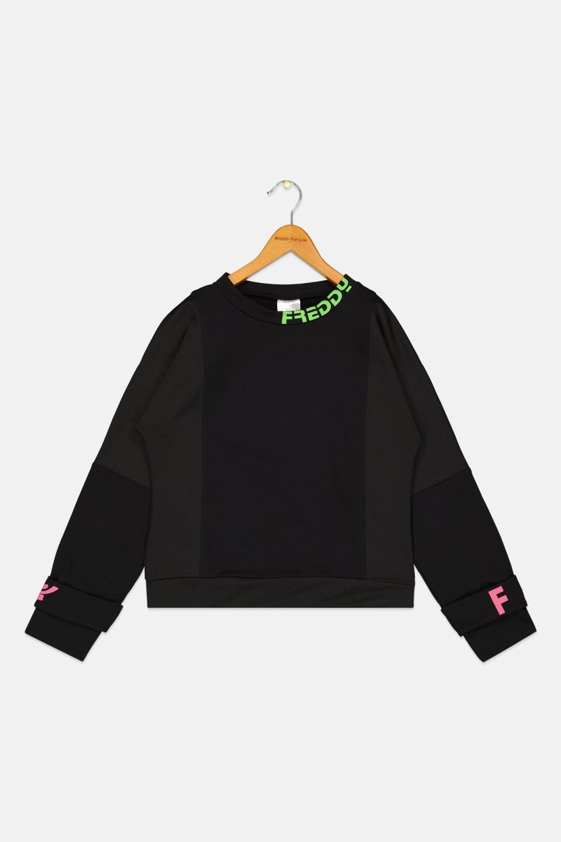 Kids Girl Round Neck Long Sleeve Brand Logo Sweatshirt, Black