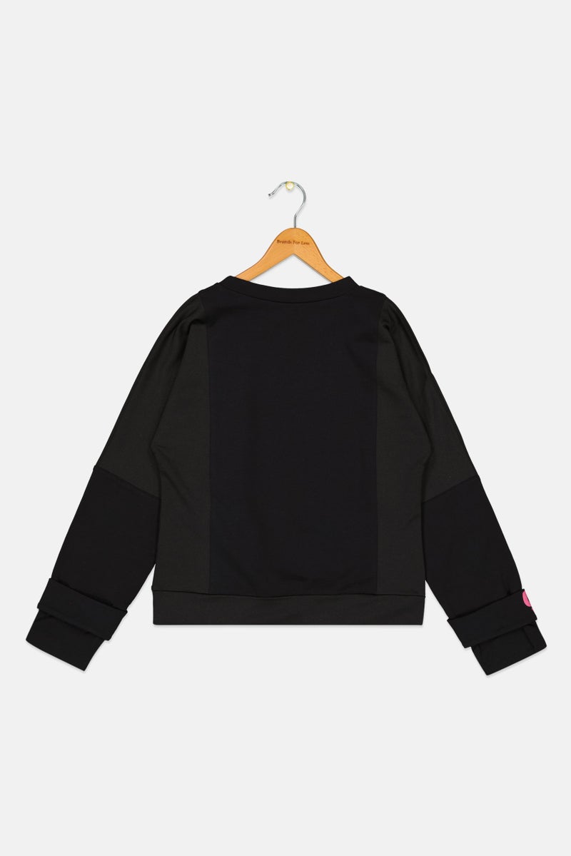 Kids Girl Round Neck Long Sleeve Brand Logo Sweatshirt, Black