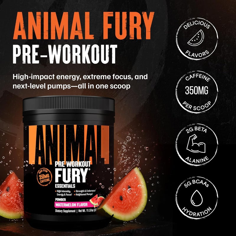 ANIMAL مسحوق قبل التمرين أنيمال فيوري بنكهة البطيخ 350 ملغ كافيين BCAA أحماض أمينية 2 غ Beta Alanine Citrulline Tyrosine طاقة تركيز قوة تحمل قبل التمرين للرجال والنساء 20 حصة - Image 2