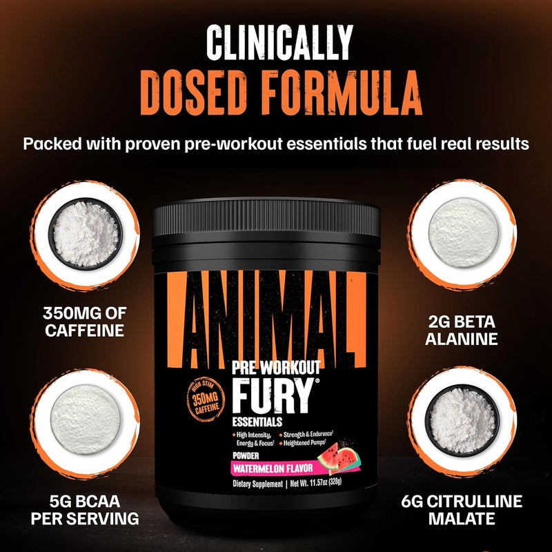 ANIMAL مسحوق قبل التمرين أنيمال فيوري بنكهة البطيخ 350 ملغ كافيين BCAA أحماض أمينية 2 غ Beta Alanine Citrulline Tyrosine طاقة تركيز قوة تحمل قبل التمرين للرجال والنساء 20 حصة - Image 5