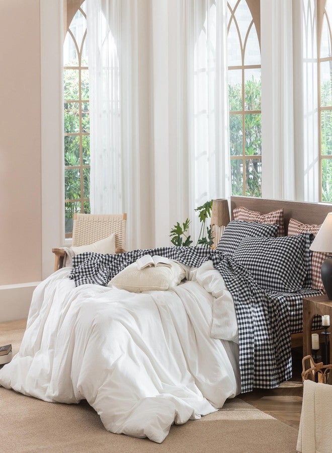 مومى طقم ملاءات MooMee Gingham مصنوع من القطن المغسول بنسبة 100%، ذو ملمس يشبه الكتان، ناعم ومسامي مع جيب عميق قابل للتمدد بالكامل من 16 إلى 19 بوصة (أسود وأبيض Gingham، مقاس كينج) - Image 3