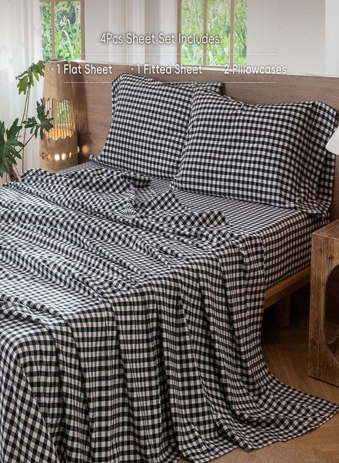 مومى طقم ملاءات MooMee Gingham مصنوع من القطن المغسول بنسبة 100%، ذو ملمس يشبه الكتان، ناعم ومسامي مع جيب عميق قابل للتمدد بالكامل من 16 إلى 19 بوصة (أسود وأبيض Gingham، مقاس كينج) - Image 2