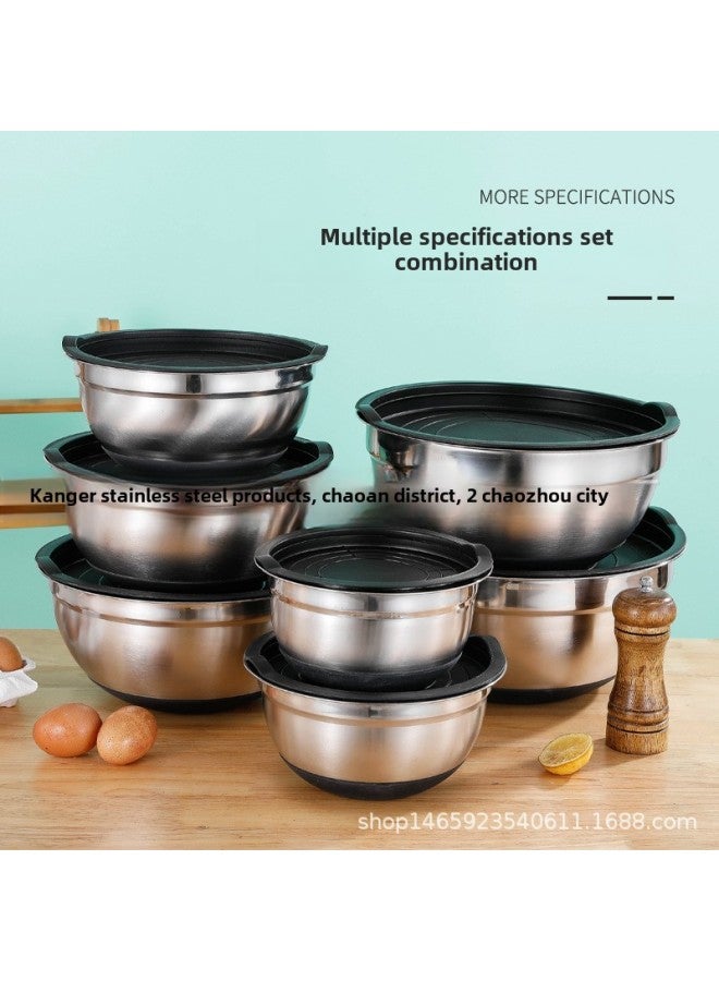 Stainless Steel Egg Basin With Colored Silicone Bottom Non-slip Thickened Salad Basin With Lid Baking Set With Box-Color:18-20-22-24-26-28-30 (spray Paint + Color Cover)  - Image 1