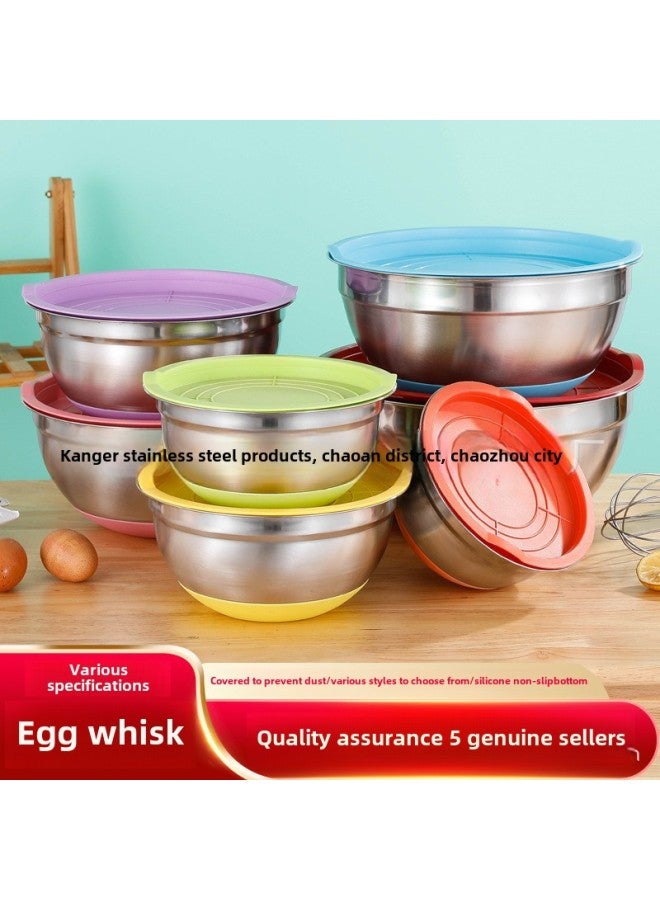 Stainless Steel Egg Basin With Colored Silicone Bottom Non-slip Thickened Salad Basin With Lid Baking Set With Box-Color:18-20-22-24-26-28-30 (spray Paint + Color Cover)  - Image 2