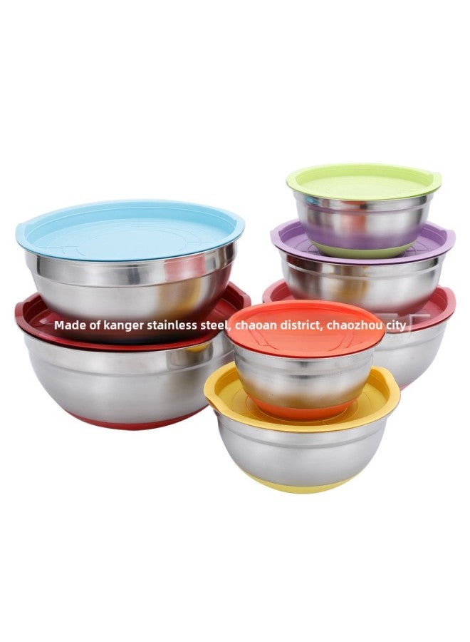 Stainless Steel Egg Basin With Colored Silicone Bottom Non-slip Thickened Salad Basin With Lid Baking Set With Box-Color:18-20-22-24-26-28-30 (spray Paint + Color Cover)  - Image 5