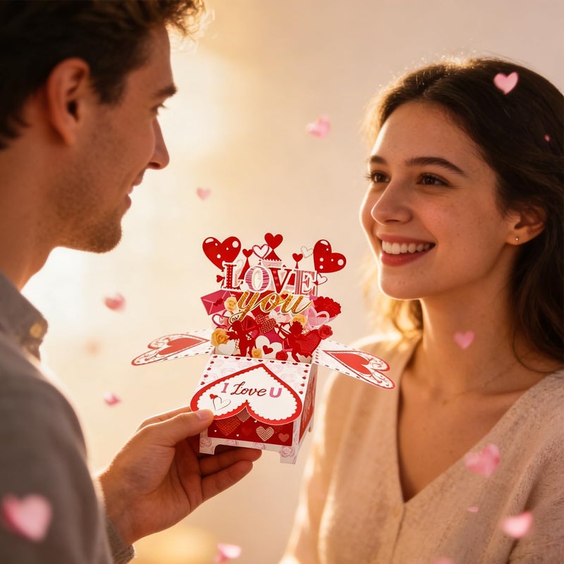 SOLIFEGOBLE بطاقة صندوق منبثقة لعيد الحب من - تصميم قلب وقلعة "أحبك" ثلاثي الأبعاد، بطاقة تهنئة رومانسية مع كيوبيد وورود، هدية للذكرى السنوية، مفاجأة عيد الحب له/لها - Image 2