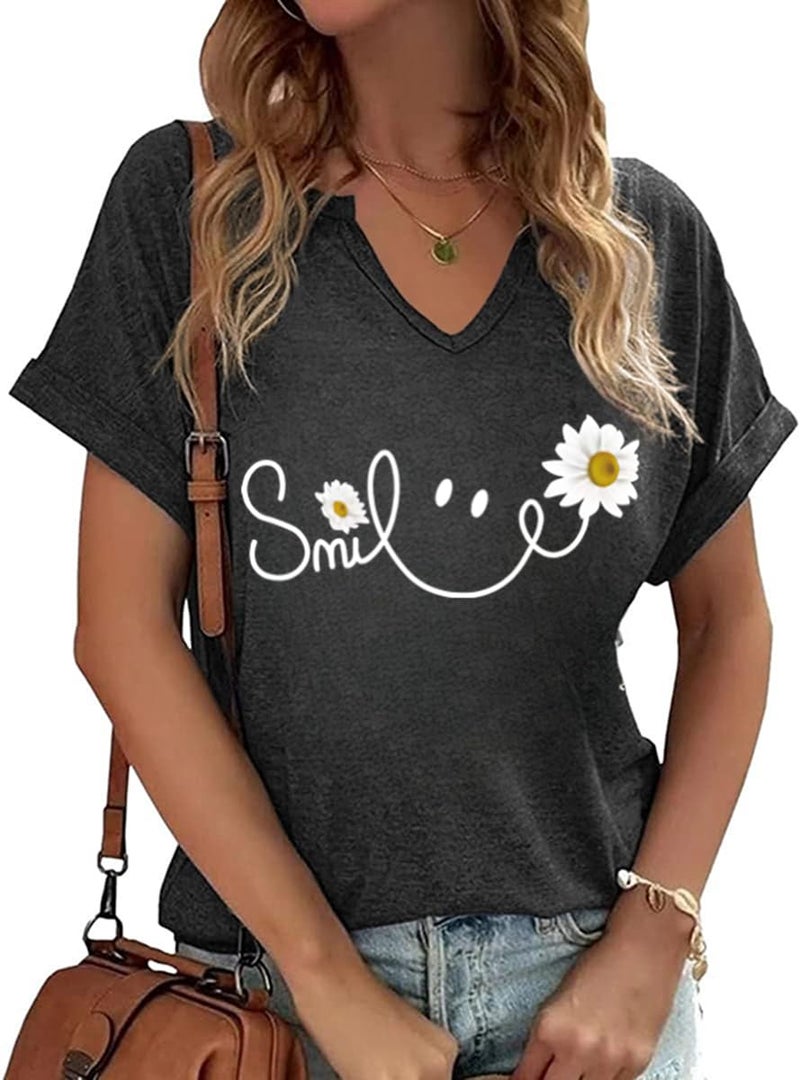 Womens Flowers V Neck Shirt Vintage Boho Floral Wildflowers Graphic Tees Casual Cottagecore Short Sleeve T Shirts(Smile,XL)