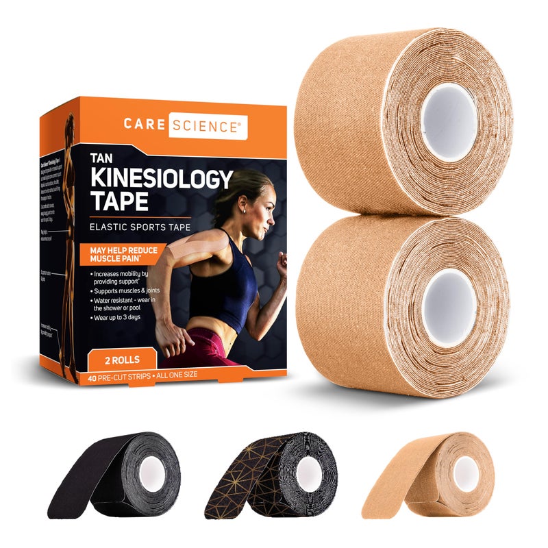 Care Science Waterproof Kinesiology Tape Precut Water Resistant Strips Elastic Athletic Tape for Sports Weightlifting Supports Muscles Joints Muscle Strain Relief Tan 2 Rolls 40 Count