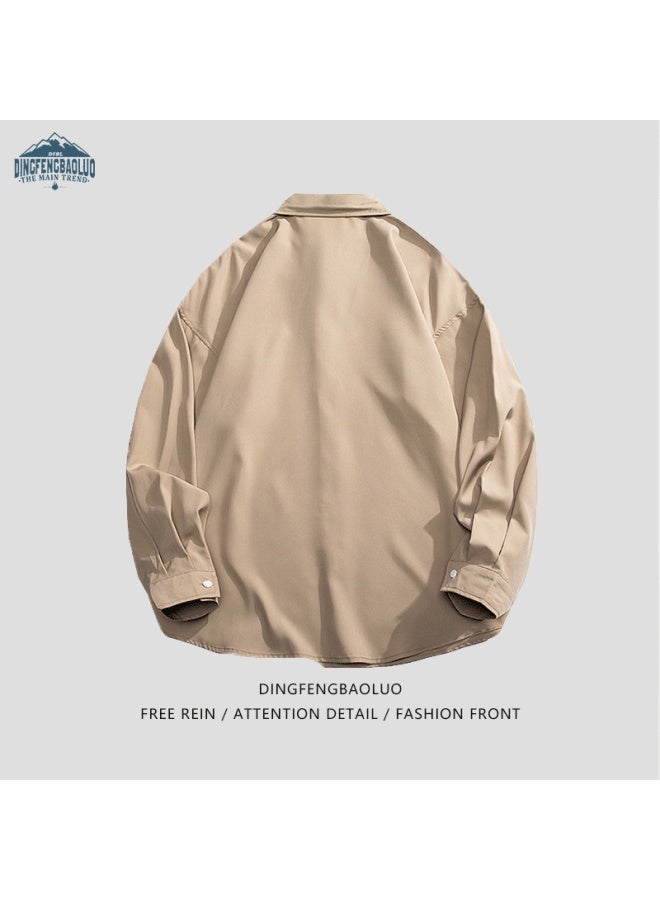Dingfengbaoluo قميص رجالي بأكمام طويلة للربيع والخريف بلون صلب، قطعة علوية Casual فضفاضة 7304 Light Khaki 3XL - Image 2