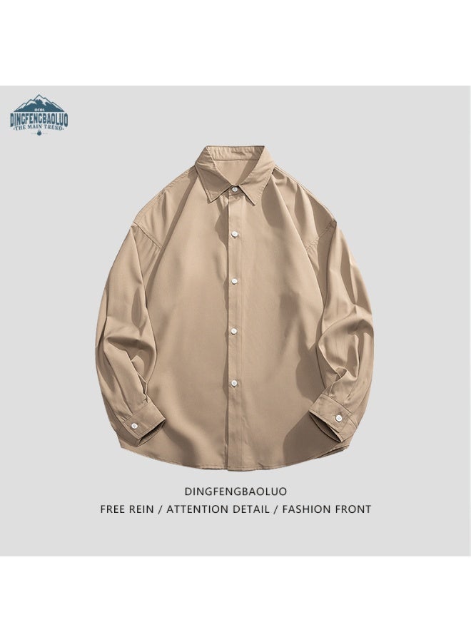 Dingfengbaoluo قميص رجالي بأكمام طويلة للربيع والخريف بلون صلب، قطعة علوية Casual فضفاضة 7304 Light Khaki 3XL - Image 1
