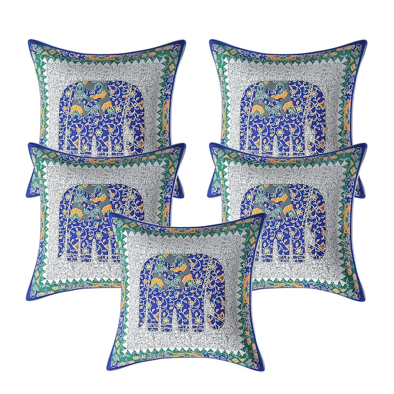 AMLEXTTRIZ Barmeri and Animal Print 100 Pure Cotton Cushion Cover Set of 5 Covers for Sofa Bedroom Living Room Size 16x16 Blue - Image 1