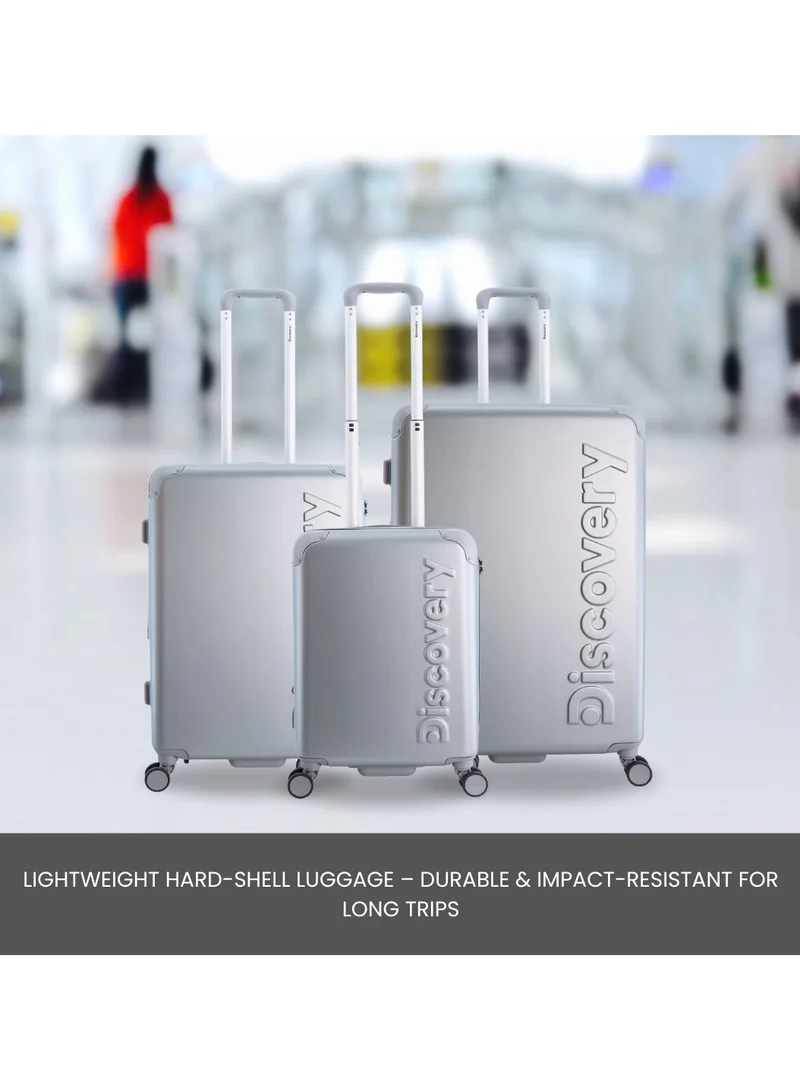 Discovery Discovery Focus ABS Hardside Travel Luggage Set, Durable Lightweight 4 Double Wheel Bag, Extra Secure Combination Lock Suitcase 3 Pcs, Expandable Trolley Small,Medium,Large(20+24+28 Inch) Silver