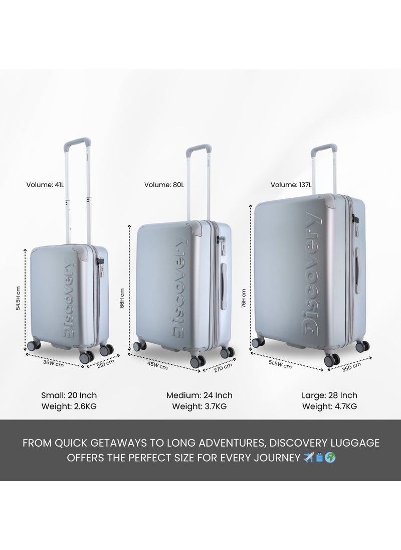 Discovery Focus ABS Hardside Travel Luggage Set, Durable Lightweight 4 Double Wheel Bag, Extra Secure Combination Lock Suitcase 3 Pcs, Expandable Trolley Small,Medium,Large(20+24+28 Inch) Silver - pzsku/Z0BD97016E0769A6C9B4FZ/45/_/1740392591/2d33e250-f62e-4255-accf-43bb55e23c8e