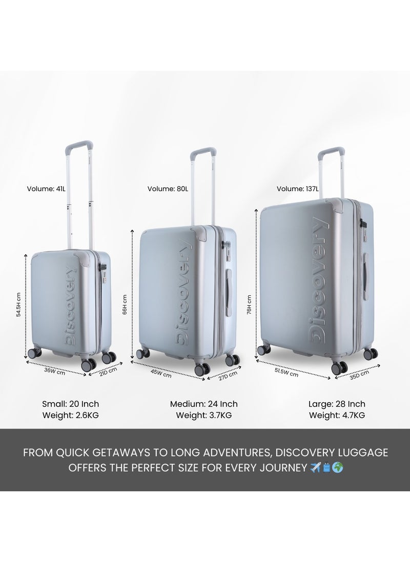 Discovery Discovery Focus ABS Hardside Travel Luggage Set, Durable Lightweight 4 Double Wheel Bag, Extra Secure Combination Lock Suitcase 3 Pcs, Expandable Trolley Small,Medium,Large(20+24+28 Inch) Silver  - Image 5