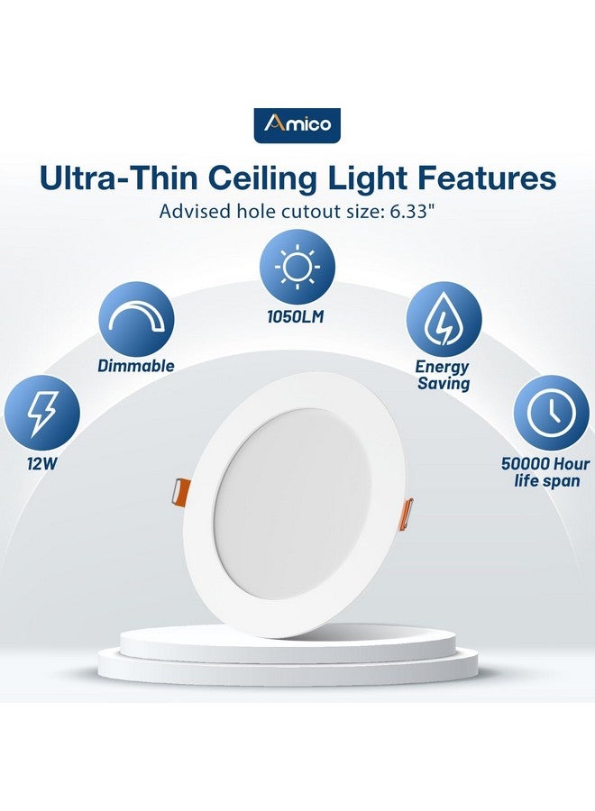 Amico 12 Pack 6 Inch 5CCT Ultra-Thin LED Recessed Ceiling Light with Metal Junction Box, 2700K-5000K Selectable, 12W Eqv 110W, Dimmable Canless Wafer Downlight with Plastic Trim, 1050 Lumens -ETL&FCC - Image 3