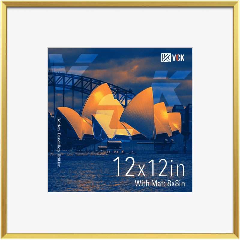 VCK 12x12 Gold Picture Frames Aluminum Metal Square Photo Frame with Real Tempered Glass with Mat for 8x8 Picture or 12x12 without Mat For Wall 1 Pack