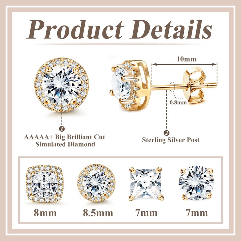 MILACOLATO Cubic Zirconia Stud Earrings for Women Men | 18K Gold Plated Hypoallergenic Sterling Silver Post Earrings | Big Brilliant Simulated Diamond CZ Halo Stud Earrings for Sensitive Ears MG - Image 4