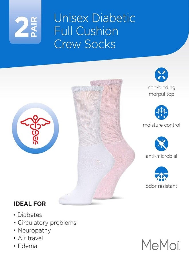 MeMoi Wellfit 2 Pair Unisex Diabetic Full Cushion Crew Socks Pink-White 9-11 - Image 5